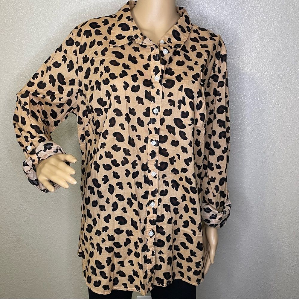 NWT Kim Roger’s Long Sleeve Leopard Print Button Down Shirt Tan Black Size XL
